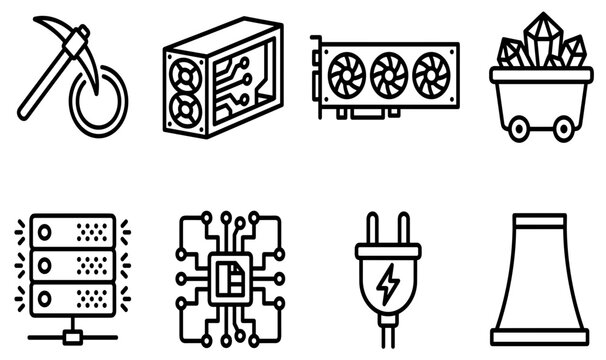 Cryptocurrency Mining and Blockchain Technology Bold Line Outline Icon Set Featuring Pickaxe GPU Graphics Cards Server Racks and Power Supply Elements