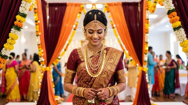 Indian bride wearing traditional deep red silk saree and intricate gold jewelry stands gracefully during her beautiful colorful wedding ceremony