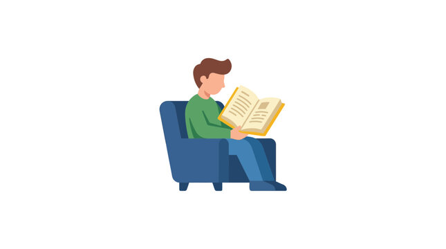 Boy reading book in armchair flat vector icon