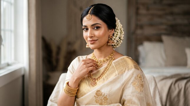 Beautiful indian bride wearing traditional cream sari with intricate gold jewelry and floral hair accessories posing gracefully in bright room