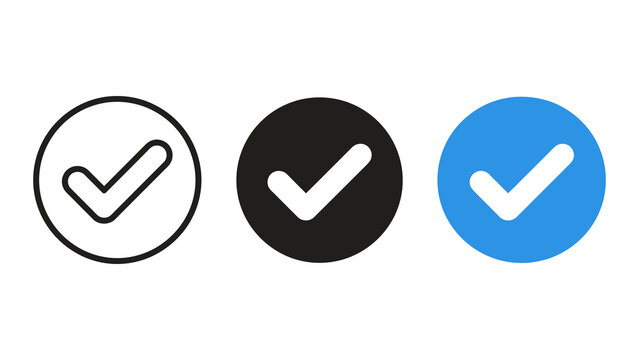 Checkmark icon set tick symbols inside circles outline, solid, and blue vector icons isolated on transparent background