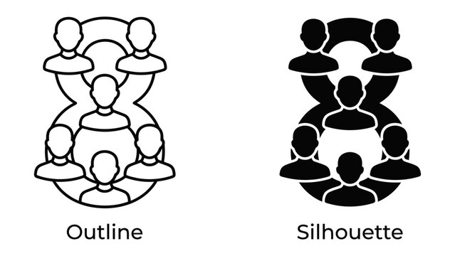 People Icon Forming the Number 8: Two stylized icons depict a group of people forming the shape of the number 8. One is an outline, the other a solid silhouette, representing teamwork and unity.
