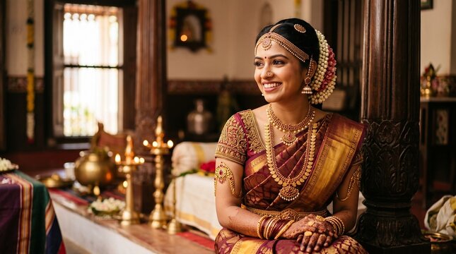 Beautiful south indian bride wearing traditional silk saree and gold jewelry posing gracefully in a warm and festive indoor setting