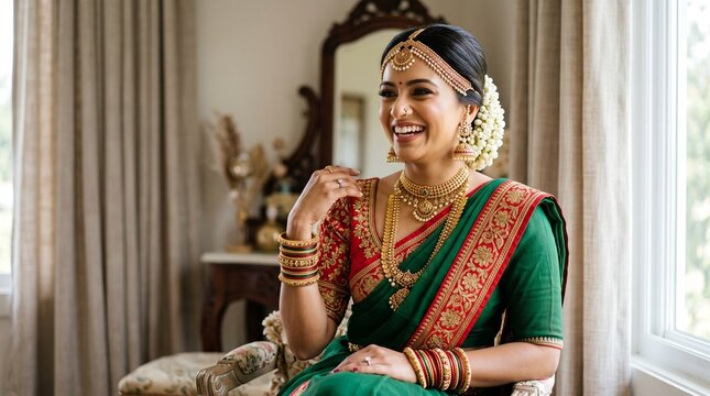 Radiant Indian bride wearing traditional green silk saree and gold jewelry laughing joyfully during her beautiful morning wedding ceremony celebration