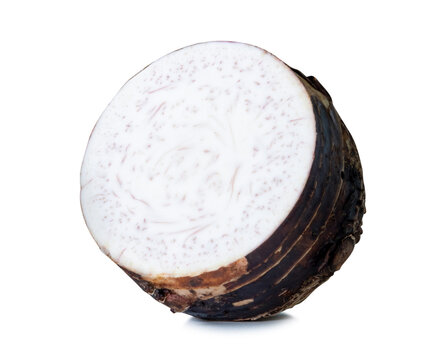 Taro root in half isolated on white background with clipping path