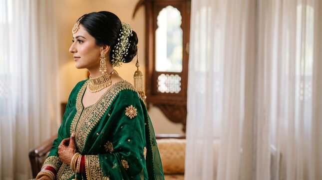 Beautiful Indian bride posing gracefully in a vibrant green embroidered outfit with traditional gold jewelry and elegant floral hair accessories