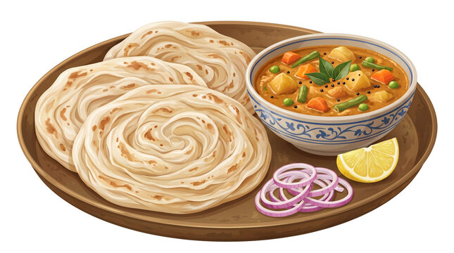 Authentic Kerala Malabar Parotta with Vegetable Curry Vector Illustration Isolated on Transparent Background