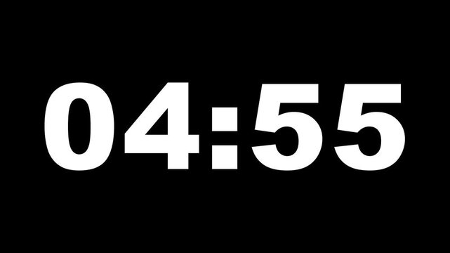 Five Minute Digital Timer. 5 Minute Digital Negative Countdown. 5 minute to 4 minute countdown, one minute countdown timer animation.