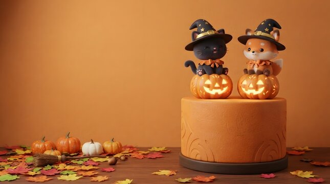 Halloween cake with cat and fox in witch hats