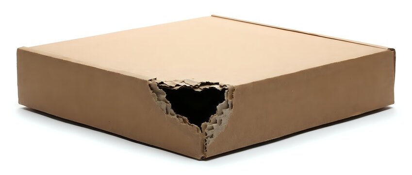Damaged cardboard box with torn hole in corner on white background