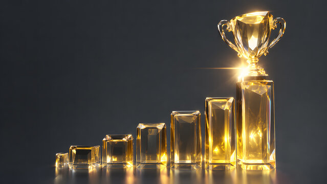 Golden trophy cup standing on the highest step of a rising glass bar chart structure with bright glowing lights on a dark grey background