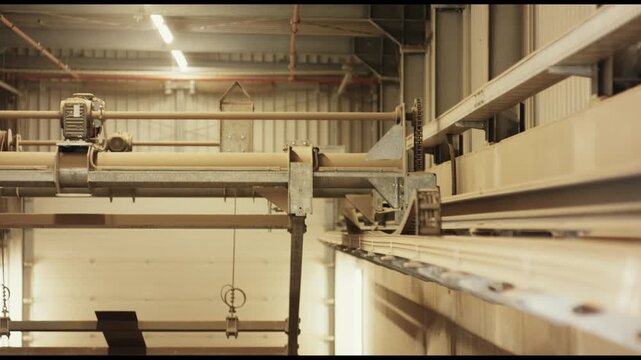 Long panels moving along conveyor line inside industrial hall