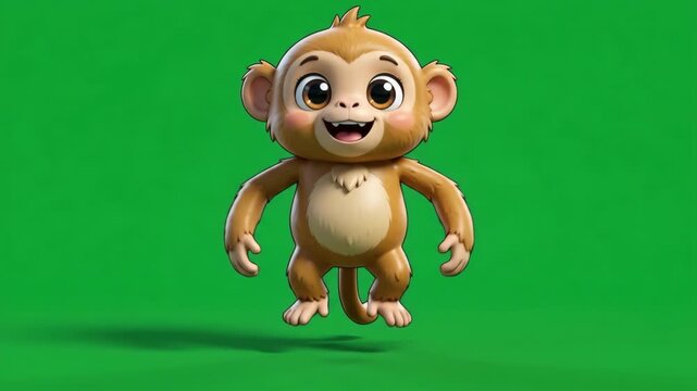 Adorable 3D cartoon monkey character with big eyes and a happy expression, isolated on a vibrant green screen background, perfect for animation and children's content.