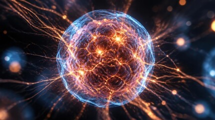 Naklejka premium Glowing Neural Sphere with Bright Orange Network in Deep Space