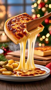 Melted raclette cheese being scraped from wheel onto plate with potatoes and pickles