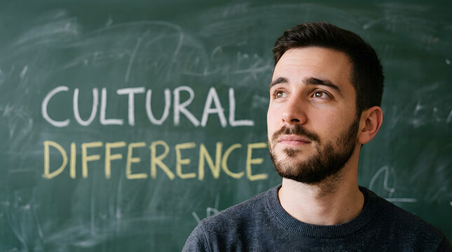 Thoughtful individual reflecting on concept of cultural diversity against chalkboard background with bathed soft indoor lighting focused intellectual mood