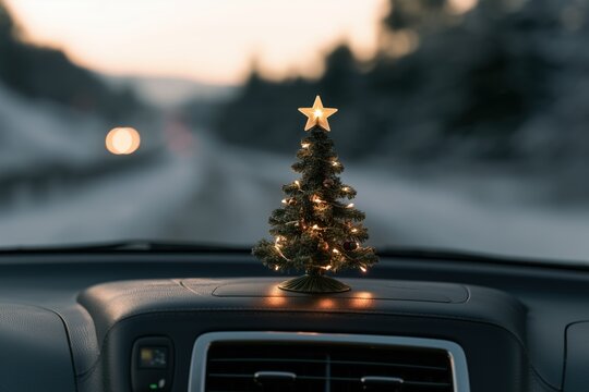 Festive Christmas Tree on Car Dashboard During Winter Holiday Road Trip