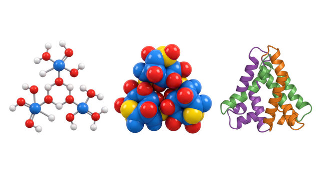 Molecular structure models and protein helix, scientific 3D chemistry visualization, colorful atom spheres and DNA spiral isolated PNG with Transparent Background