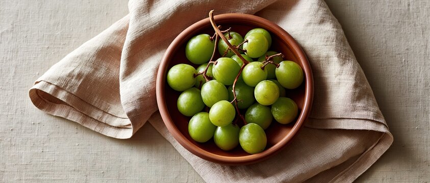 Wholesome simplicity meets cultural ritual plump green grapes in an earthy terracotta bowl on neutral linen evoke Spains beloved New Years Eve tradition. Perfect for food, wellness, and.