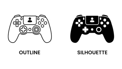 Video Game Controller: A modern video game controller is presented in two distinct styles: a clean outline and a bold silhouette, showcasing the iconic design for digital entertainment. © helal