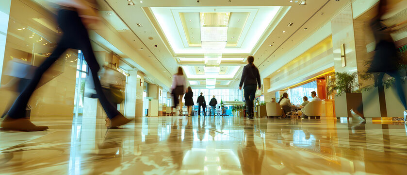 Wide angle shot of guests moving through a modern hotel lobby, capturing hospitality flow, interior atmosphere, business travel activity and premium public environment.