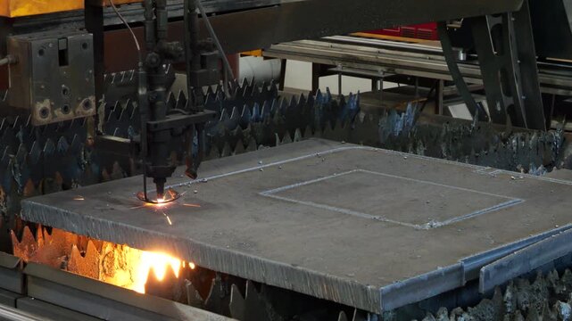 Molten sparks shooting below steel plate during CNC plasma cutting