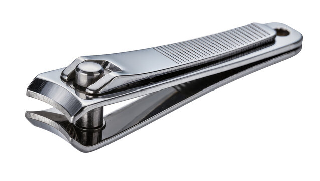 Shiny metallic nail clippers with ribbed handle, isolated on transparent background