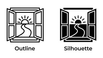 Fototapeta premium Window View Icon: A stylized window frame revealing a serene landscape with a winding path leading towards a rising sun. Includes both outline and silhouette versions.