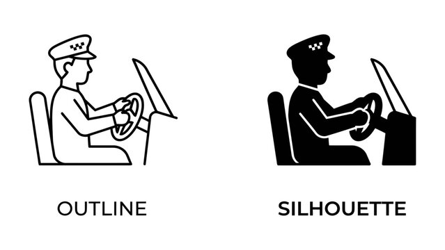 Taxi Driver Outline and Silhouette: Two distinct graphic representations of a taxi driver, one in outline and the other as a silhouette, seated and driving a vehicle.
