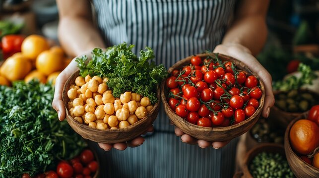 Fresh plant based ingredients in wooden bowls held by hands for healthy sustainable eating habits