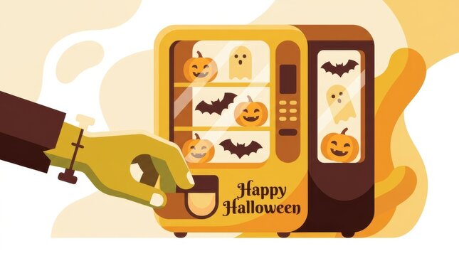 A cute cartoon hand reaches into a bright yellow vending machine displaying spooky pumpkin Halloween Concept Design