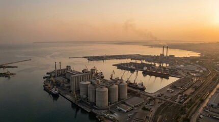 Obraz premium Aerial view of industrial cargo port at sunset