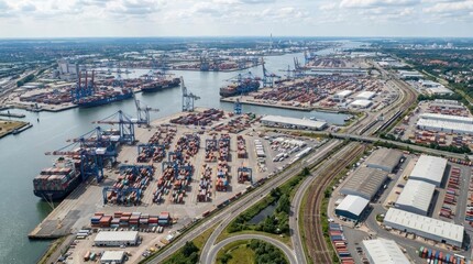Fototapeta premium Aerial view of industrial cargo port with container ships