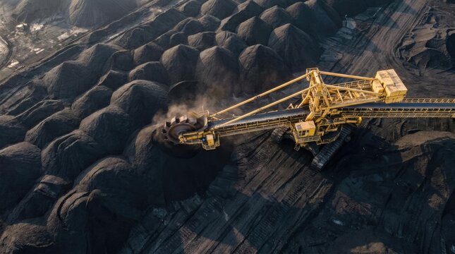 Aerial view of industrial excavator mining coal in quarry