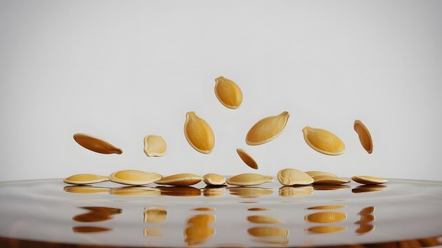 Roasted pumpkin seeds floating above a liquid surface captured with soft lighting in high resolution detail