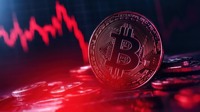 Single gold bitcoin coin sitting on a dark surface with red falling stock market graph