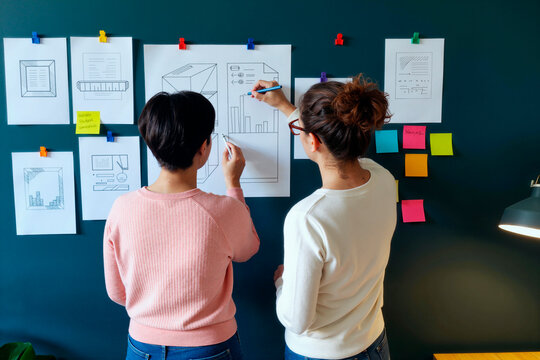 Rear view of young adult businesswomen reviewing interface wireframes and analytics sketches on wall, planning product design strategy. Ideal for UX teamwork, startup branding, agile workflow