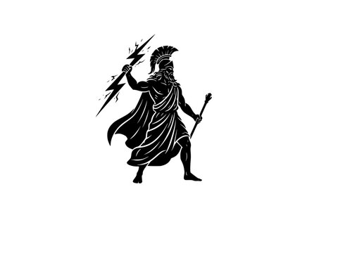 Zeus King of Olympus Lightning Bolt Silhouette Sticker Vector. Ancient Greek God Mythology Icon Isolated.