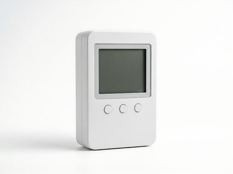 White digital smart home controller device with LCD screen on white background