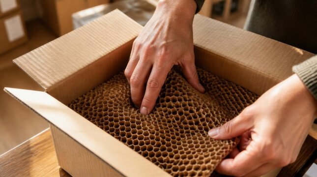 Hands Handling Honeycomb in Cardboard Box