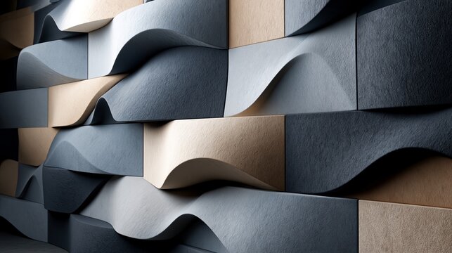Abstract panels presenting a sculptured texture, subtlely shifting in gray and beige tones, creating a dynamic surface for an interior design concept with contemporary appeal