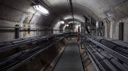 Fototapeta premium Telecommunication fiber optic cables running through concrete tunnel