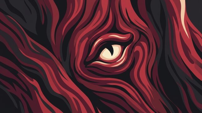 Close-up of a fierce red monster eye with glowing yellow iris and dark abstract swirling Halloween Concept Design