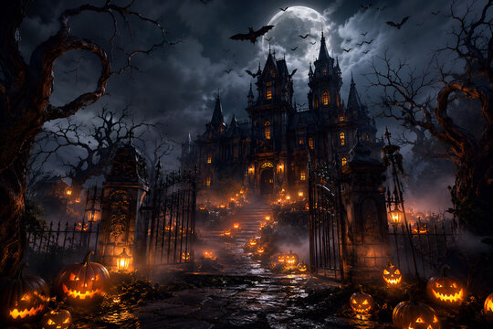 Spooky old gothic castle, foggy night, haunted mansion