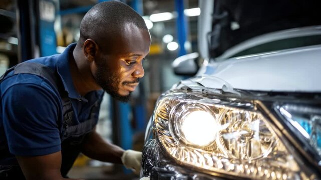 Close-up of glowing car headlight and auto mechanic inspecting coating and optics in auto service center. Concept repair, professional diagnostics and road safety