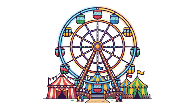 Colorful illustration of a large Ferris wheel and various striped tents at a funfair or amusement park.