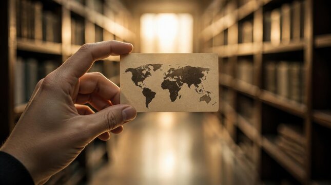 Small Card World Map Held in Hand in Library