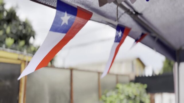 Chile flags hanging outdoors during national celebration with shallow depth background