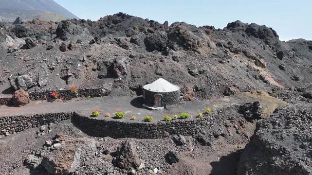 Drone Shot of Funco, Traditional House on Cape Verde Under Lava Fields on Fogo Island