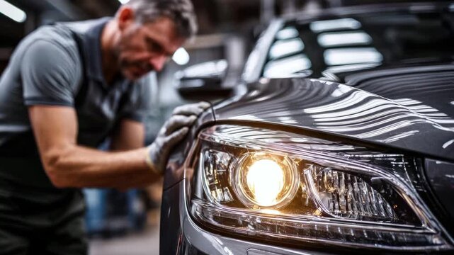 Close-up of glowing car headlight and auto mechanic inspecting coating and optics in auto service center. Concept repair, professional diagnostics and road safety